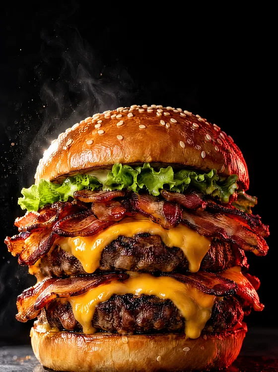 Le Méga Bacon d'O'Foods : double steak, bacon croustillant et cheddar fondu.